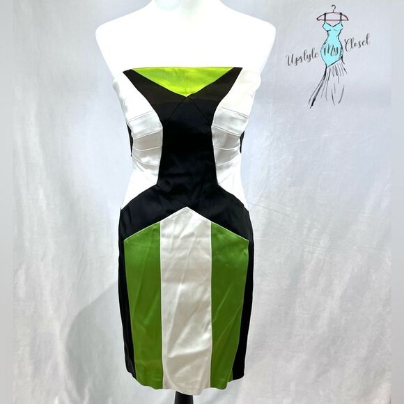 Jax black white and green color block strapless satin dress size 6 - Picture 2 of 8